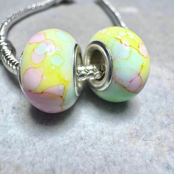 Yellow Pastel Spacer Beads Set Watercolor Swirls Fits Pandora Bracelet - Picture 4 of 10